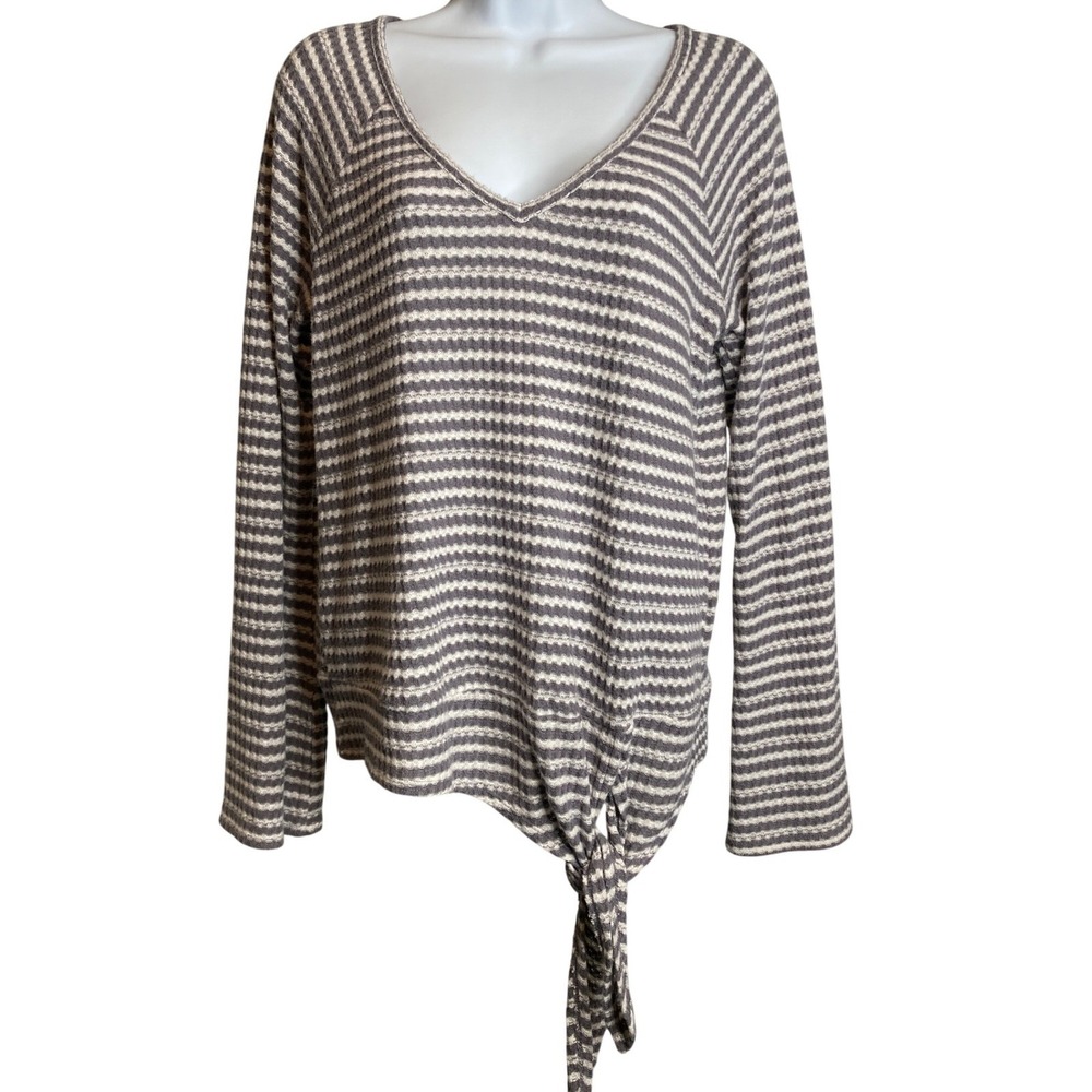 LUCKY BRAND Womens Gray Striped Waffle Knit Tie Front Thermal Top M Boho Casual